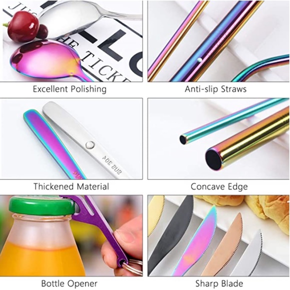 🌸 10PC COLOR SILVERWARE TRAVEL BUNDLE SET HOME EAT DINNER FORK SPOON KNIFE GIFT - Picture 4 of 6